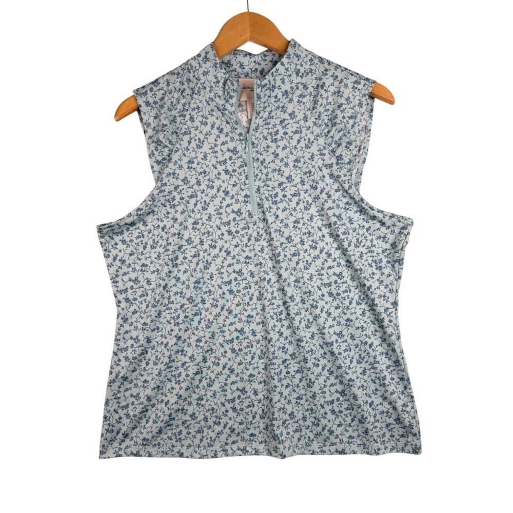 NWT Laura Ashley Womens Quater Zip Light Blue Floral Print Blouse Size XL